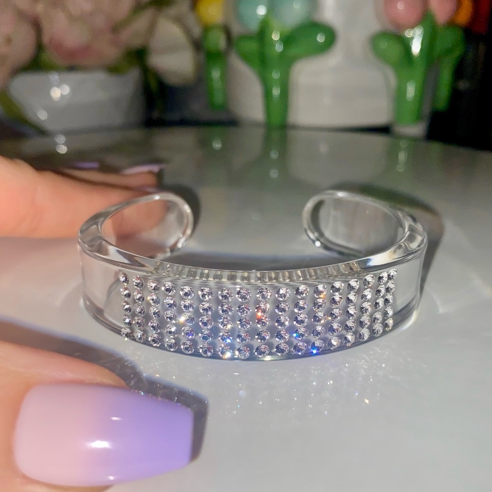 Clear Acrylic Lucite Cuff Bracelet With Crystals, Chunky Wide Crystal Cuff